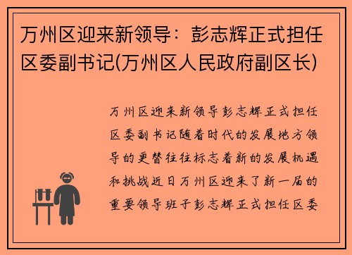 万州区迎来新领导：彭志辉正式担任区委副书记(万州区人民政府副区长)