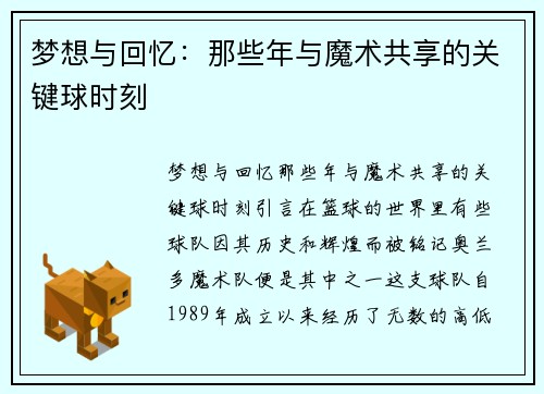 梦想与回忆：那些年与魔术共享的关键球时刻